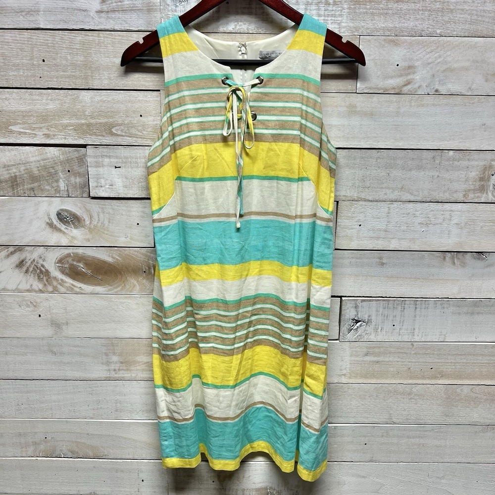 London Times Linen Blend Dress Women 6 Yellow Blue Stripe Resort Beach Coastal‎